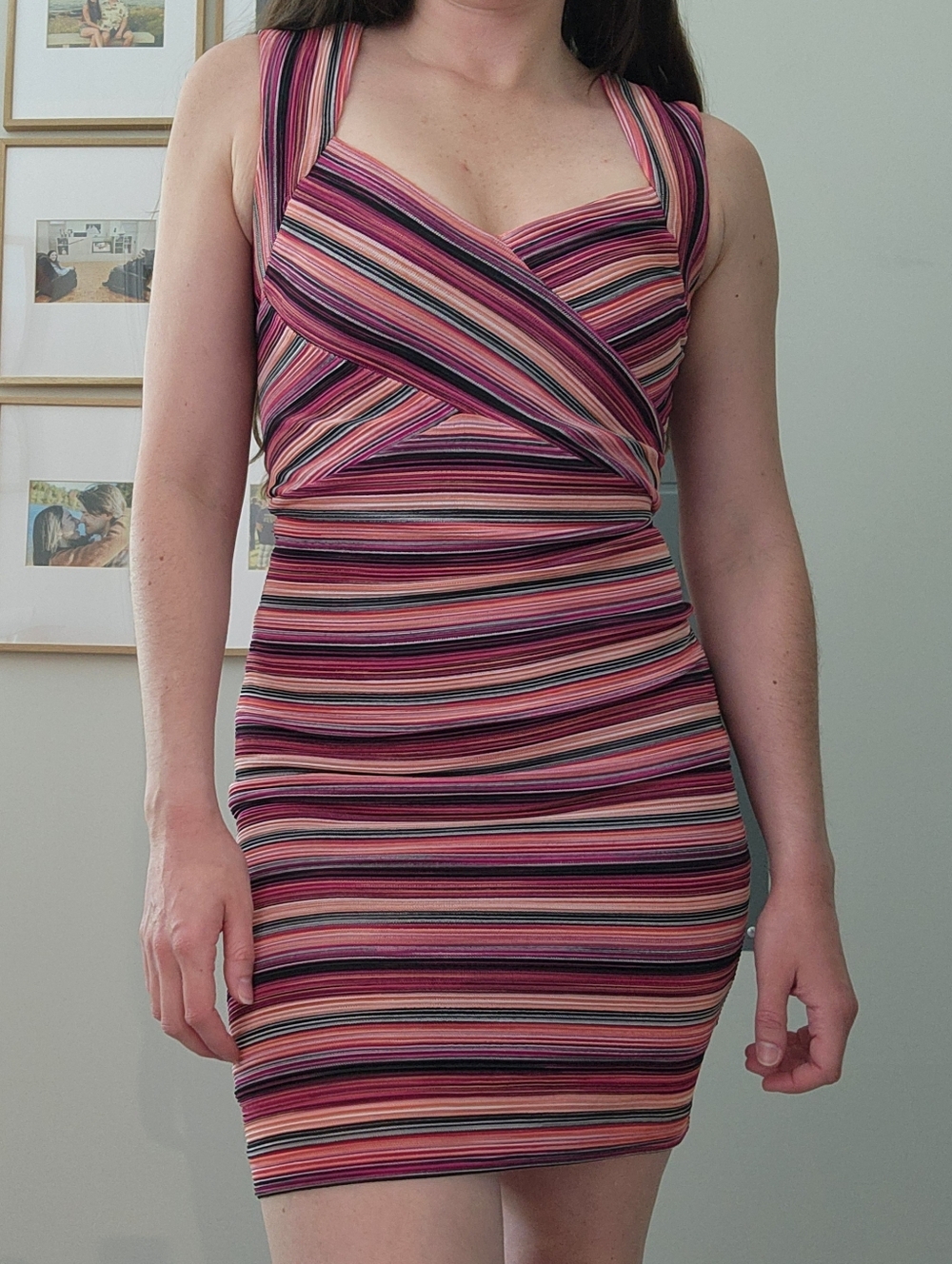 GUESS Y2K Bodycon Mini Dress Pink Striped Criss Cross Club Going Out Dress